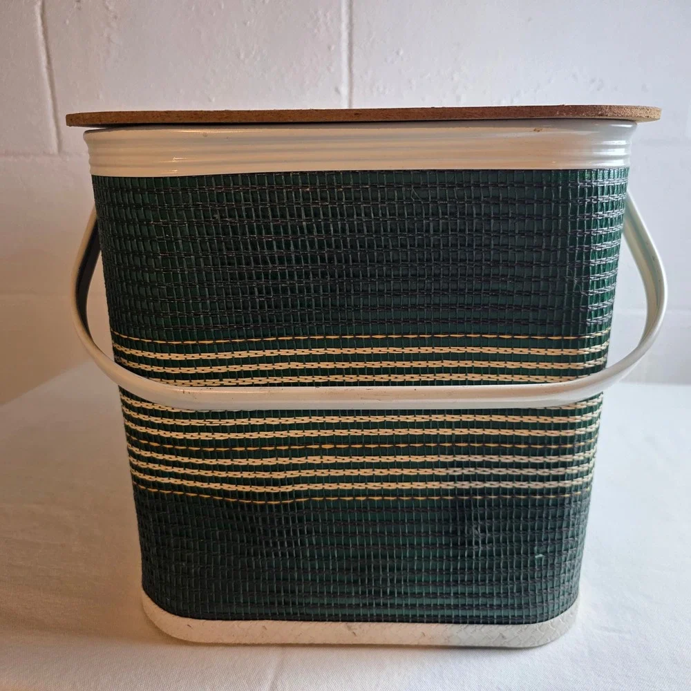 Vintage Redmon Woven Vinyl Picnic Basket Green Striped Retro MCM